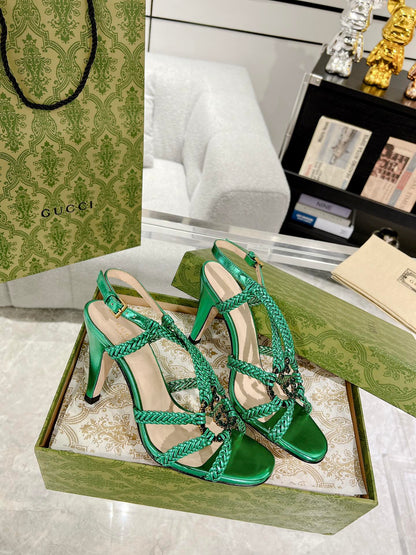 GUCCI CRYSTAL HIGH HEEL SANDAL JADE GREEN CALFSKIN SPECIAL