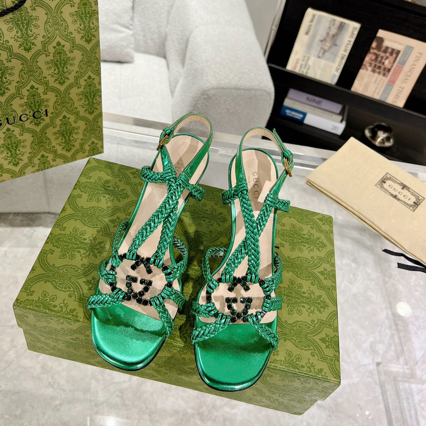 GUCCI CRYSTAL HIGH HEEL SANDAL JADE GREEN CALFSKIN SPECIAL