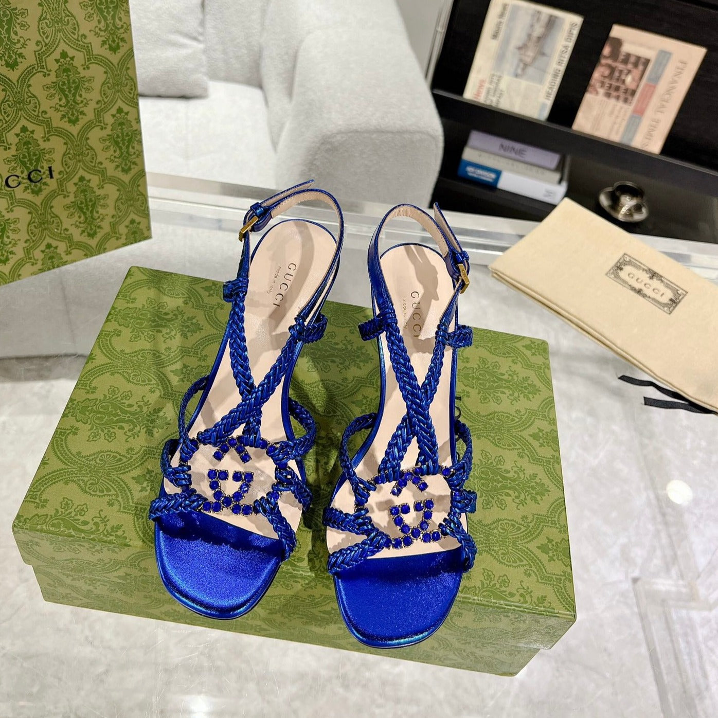 GUCCI CRYSTAL HIGH HEEL SANDAL AZURE CALFSKIN SPECIAL