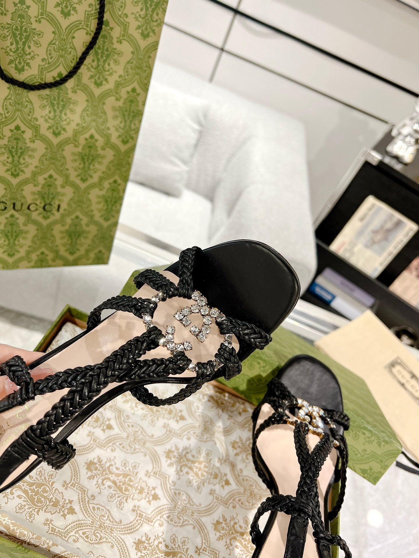 GUCCI CRYSTAL HIGH HEEL SANDAL BLACK CALFSKIN SPECIAL