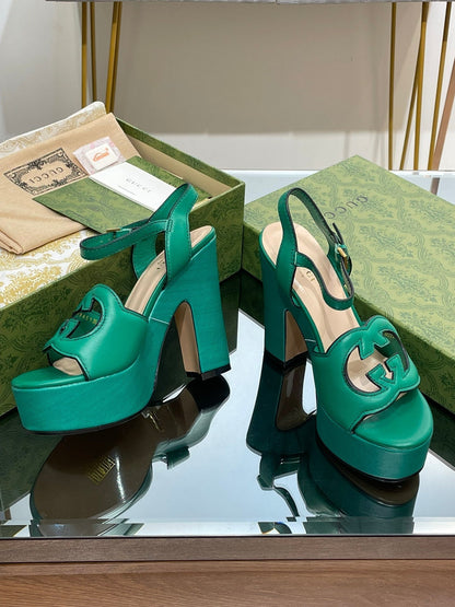 GUCCI 120 INTERLOCKING G SANDAL JADE GREEN CALFSKIN