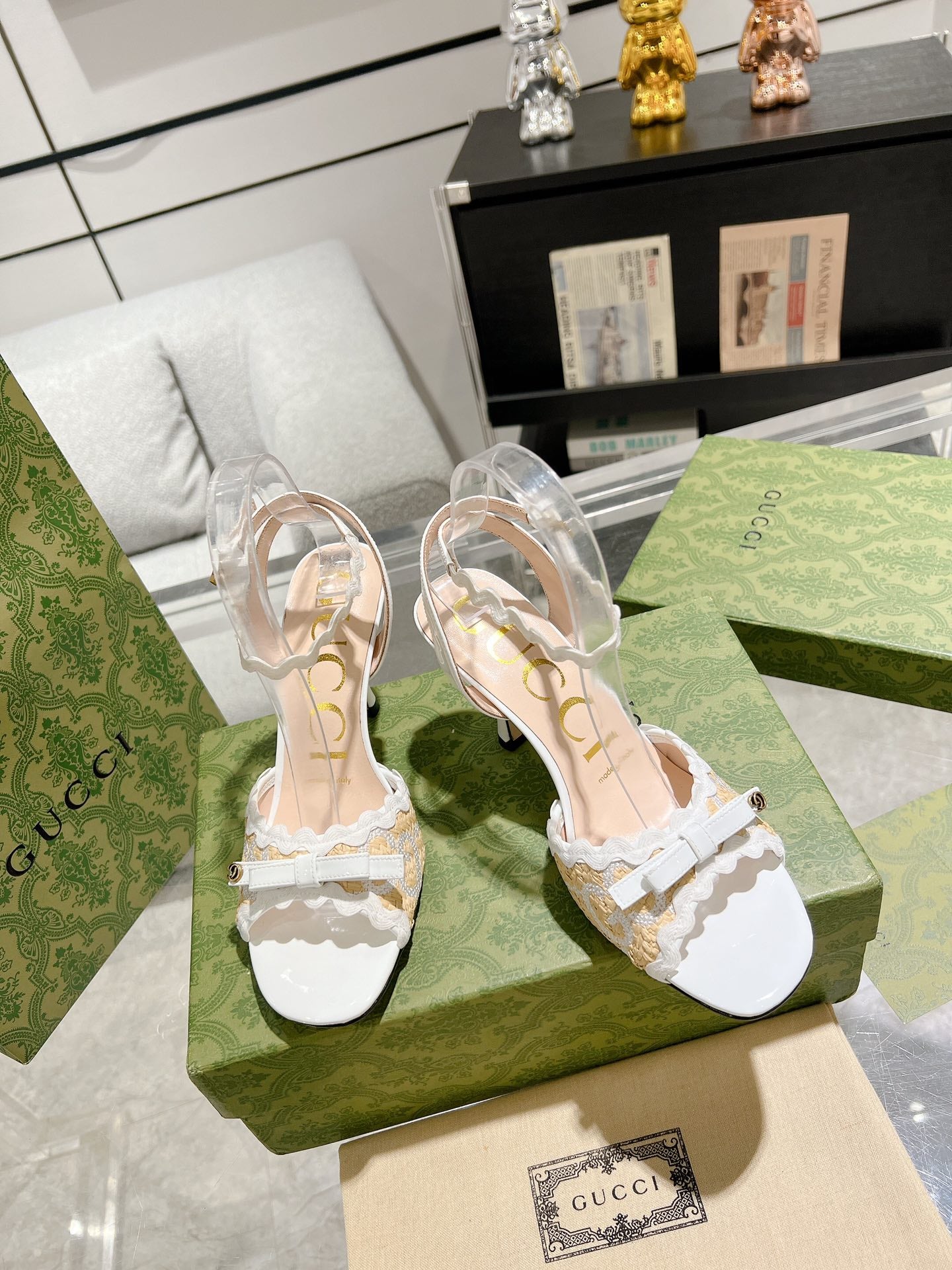 GUCCI HIGH - HEEL SANDAL WHITE FABRIC ATTACH BOW