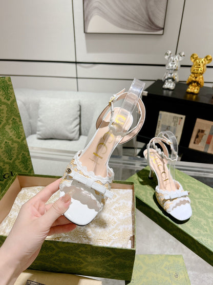 GUCCI HIGH - HEEL SANDAL WHITE FABRIC ATTACH BOW