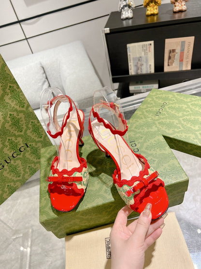 GUCCI HIGH - HEEL SANDAL CRIMSON FABRIC ATTACH BOW