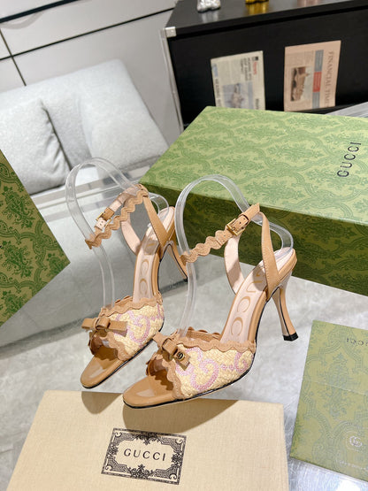 GUCCI HIGH - HEEL SANDAL TAWNY FABRIC ATTACH BOW