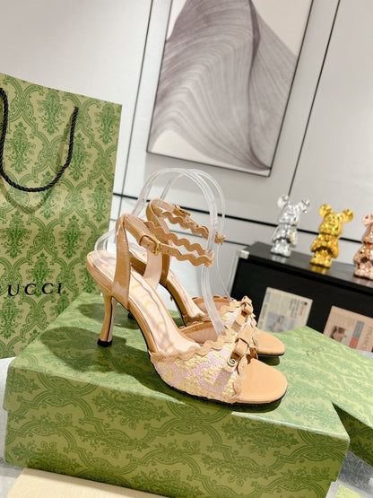 GUCCI HIGH - HEEL SANDAL TAWNY FABRIC ATTACH BOW