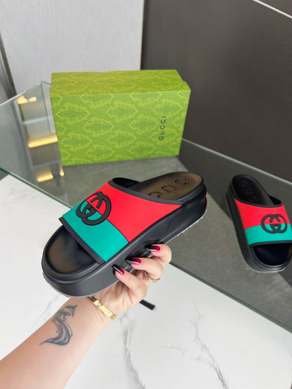 GUCCI INTERLOCKING G SLIDE SANDAL IN BLACK MIX COLORFUL IMPORTED TPU