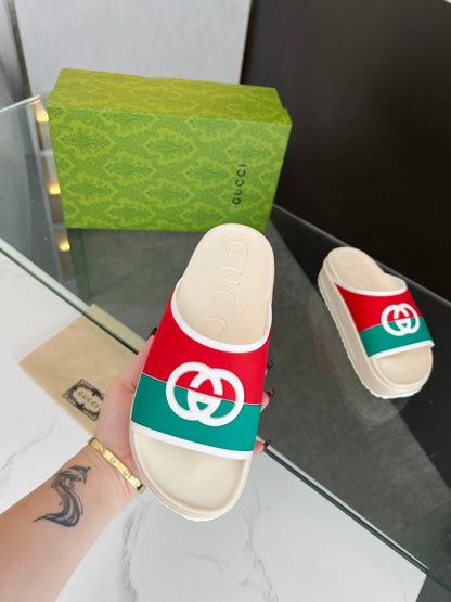 GUCCI INTERLOCKING G SLIDE SANDAL IN WHITE MIX COLORFUL IMPORTED TPU