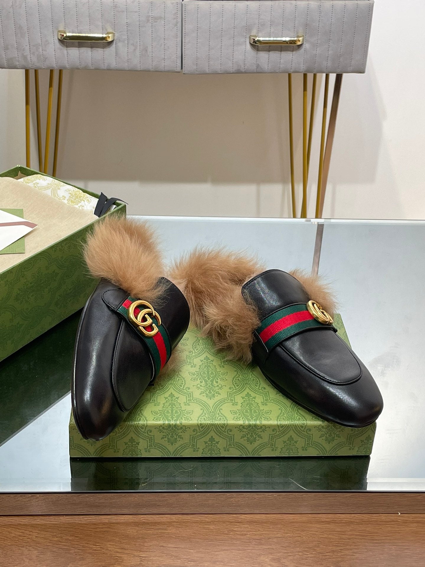 GUCCI 2015 RE-EDITION MEN'S PRINCETOWN IN BLACK CALFSKIN AND LAMB WOOL LINING
