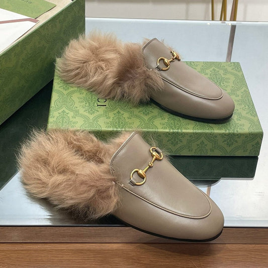 GUCCI HORSEBIT MULE IN PEANUT BROWN CALFSKIN AND LAMB WOOL LINING