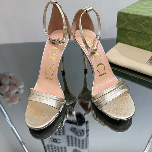 GUCCI 105 HIGH HEEL SANDAL METALLIC GOLD LAMBSKIN