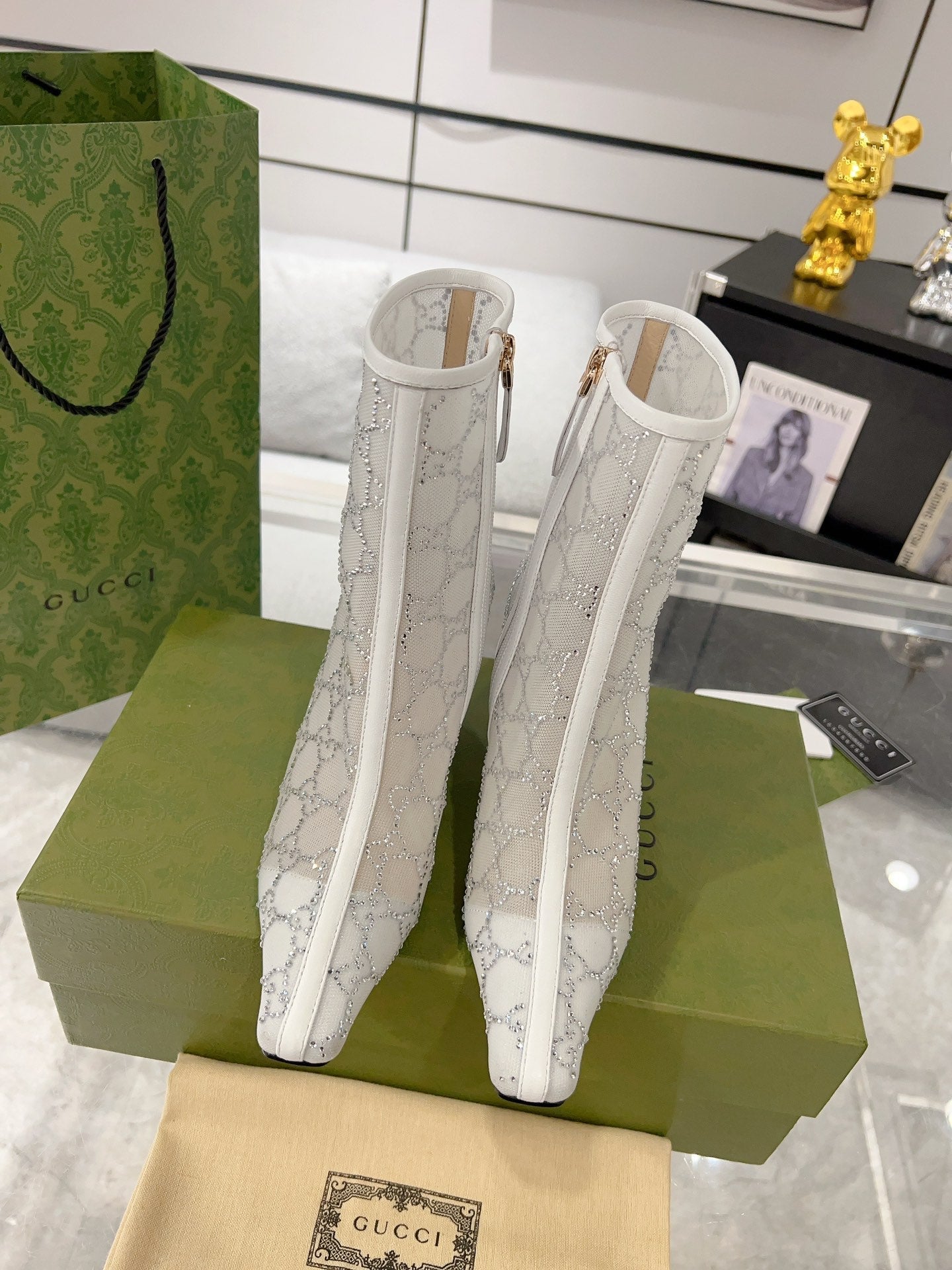 GUCCI ANKLE BOOTS IN WHITE MESH AND SHEEPSKIN WITH CRYSTALS