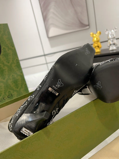 GUCCI ANKLE BOOTS IN BLACK MESH AND SHEEPSKIN WITH CRYSTALS