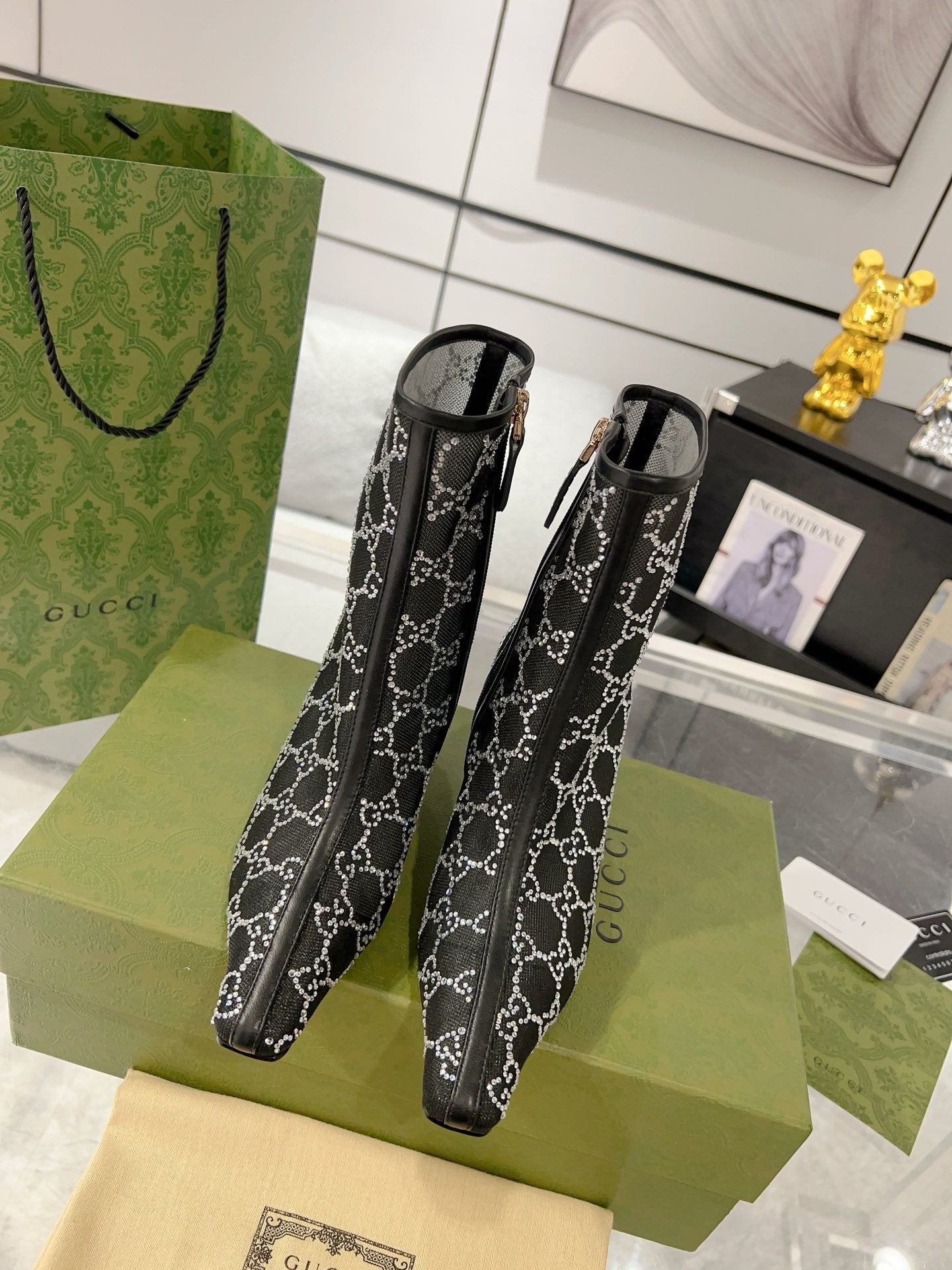 GUCCI ANKLE BOOTS IN BLACK MESH AND SHEEPSKIN WITH CRYSTALS