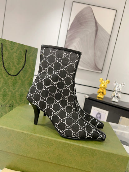 GUCCI ANKLE BOOTS IN BLACK MESH AND SHEEPSKIN WITH CRYSTALS
