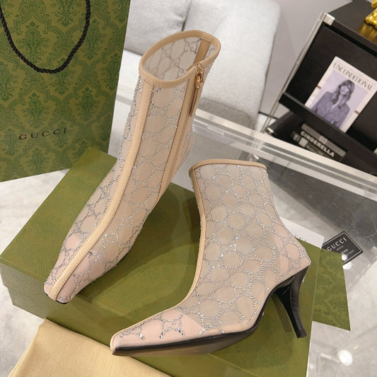 GUCCI ANKLE BOOTS IN BEIGE MESH AND SHEEPSKIN WITH CRYSTALS