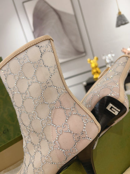 GUCCI ANKLE BOOTS IN BEIGE MESH AND SHEEPSKIN WITH CRYSTALS
