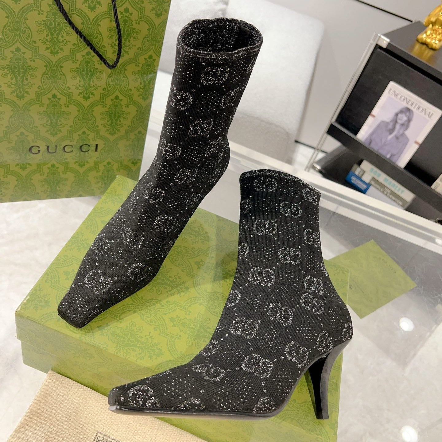 GUCCI ANKLE BOOTS IN BLACK KNITTED FABRIC