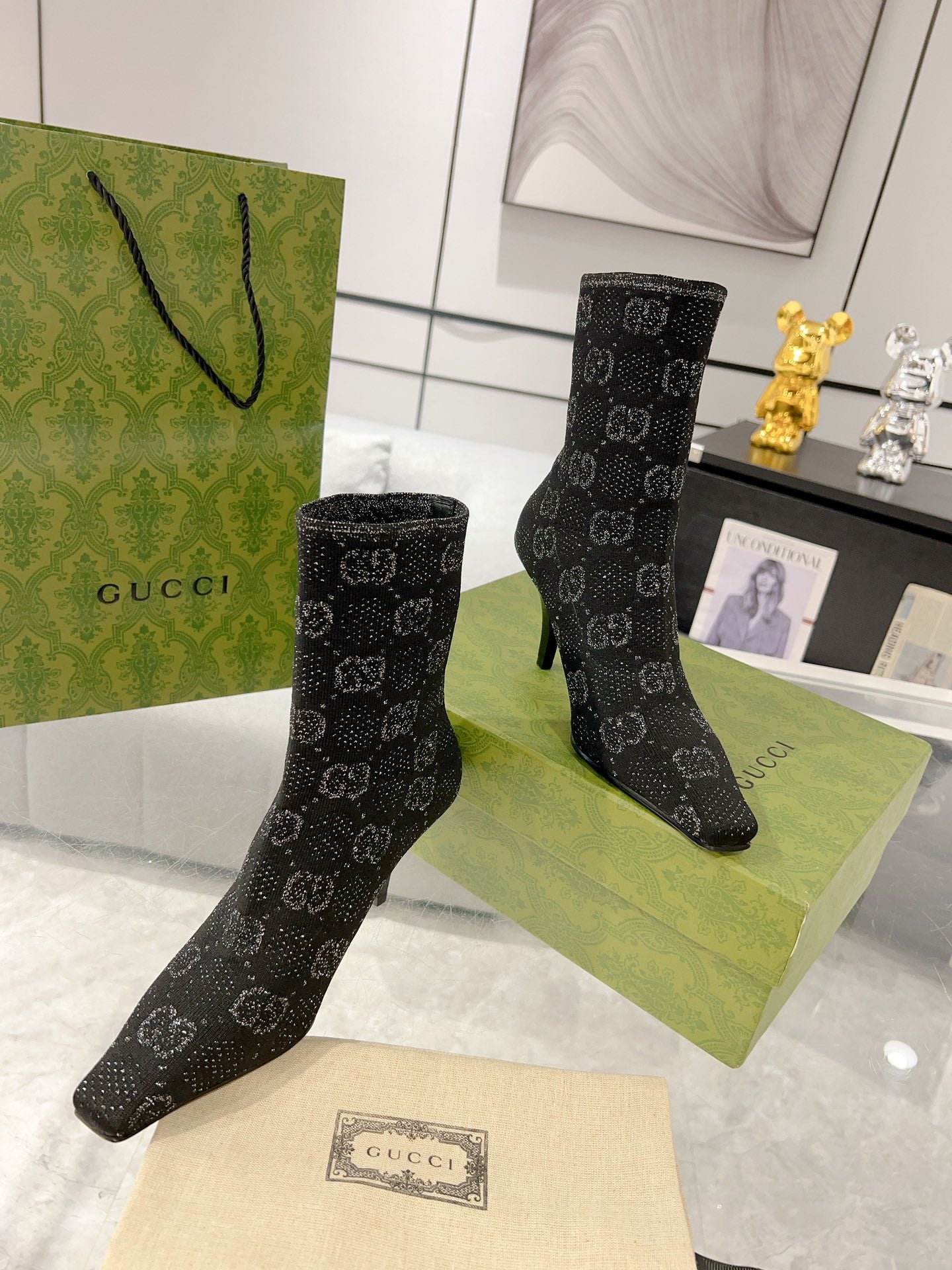 GUCCI ANKLE BOOTS IN BLACK KNITTED FABRIC