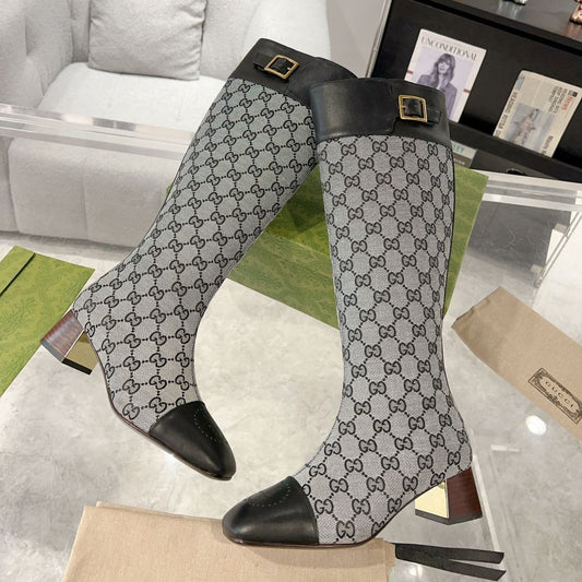 GUCCI KNEE BOOTS IN LIGHT GRAY MONOGRAM CANVAS AND BLACK GLOSSY SHEEPSKIN