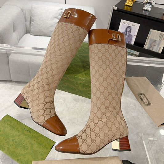 GUCCI KNEE BOOTS IN BRONZE BROWN MONOGRAM CANVAS AND GLOSSY SHEEPSKIN