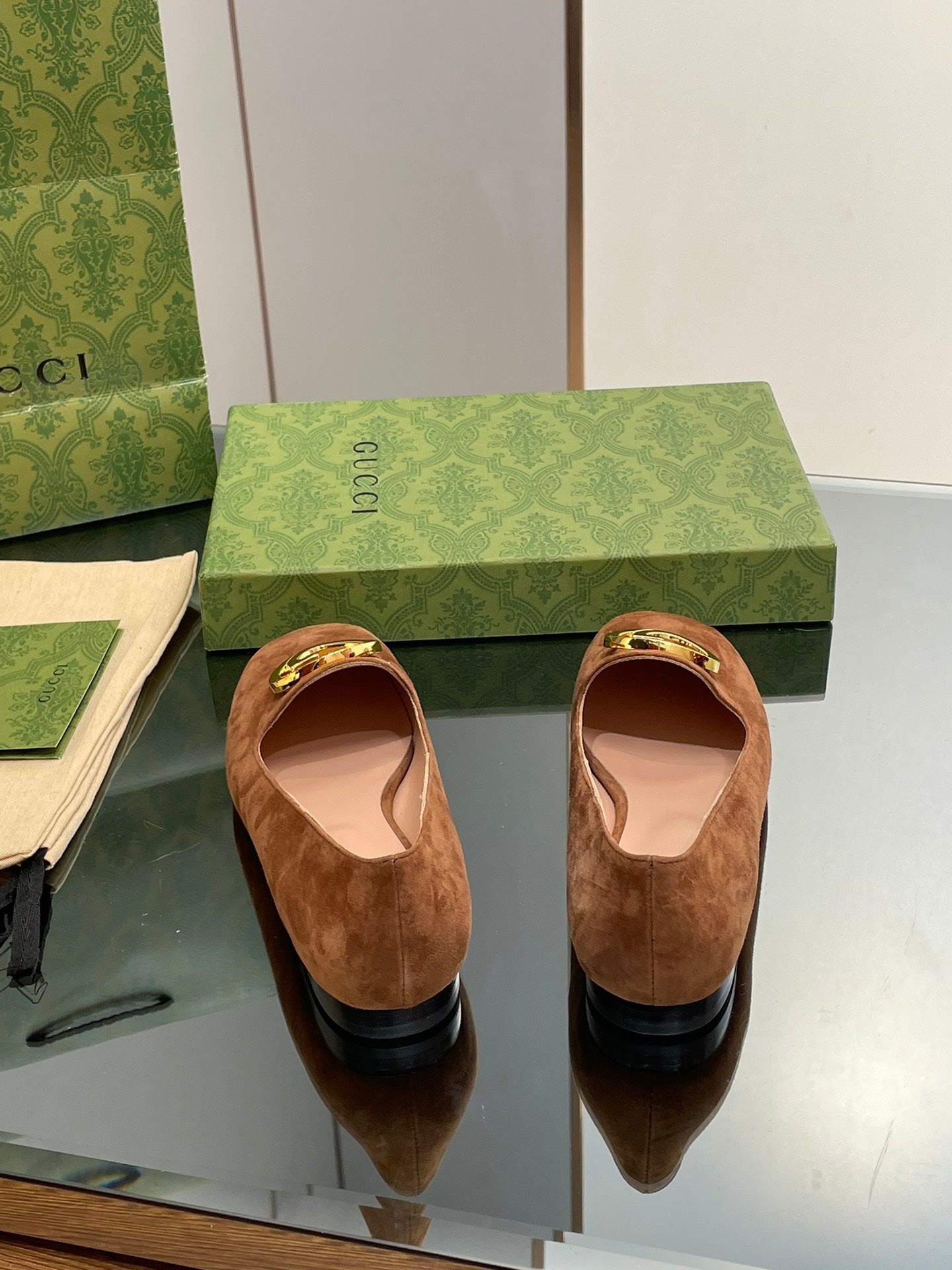 GUCCI BLONDIE LOGO-PLAQUE LOAFERS IN BRONZE BROWN SUEDE WITH GOLD HARDWARE