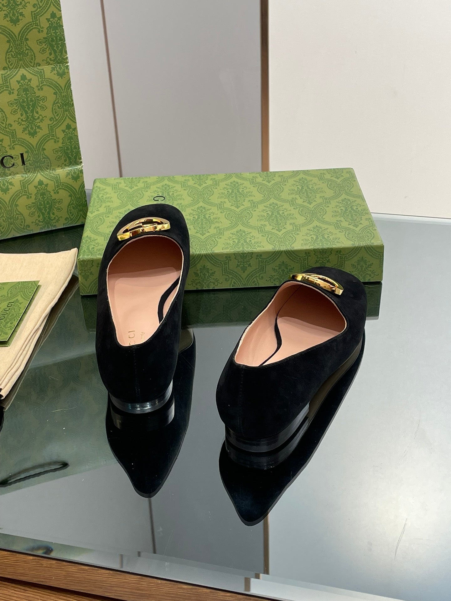 GUCCI BLONDIE LOGO-PLAQUE LOAFERS IN BLACK SUEDE WITH GOLD HARDWARE