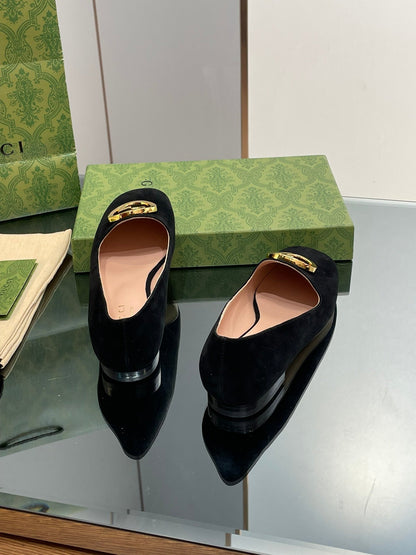 GUCCI BLONDIE LOGO-PLAQUE LOAFERS IN BLACK SUEDE WITH GOLD HARDWARE