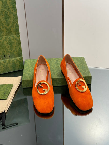 GUCCI BLONDIE LOGO-PLAQUE LOAFERS IN TIGER ORANGE SUEDE WITH GOLD HARDWARE