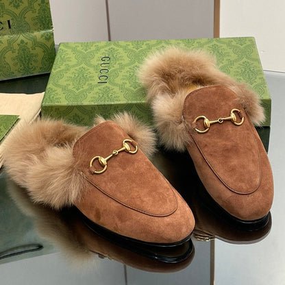 GUCCI HORSEBIT MULE IN BRONZE BROWN SUEDE AND LAMB WOOL LINING