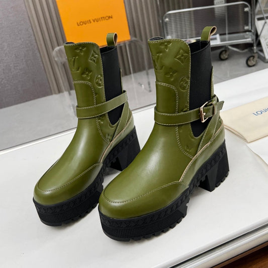 LOUIS VUITTON LAUREATE PLATFORM DESERT BOOT IN DARK OLIVE GREEN CALFSKIN