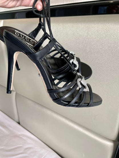 GUCCI CRYSTAL HORSEBIT SANDAL BLACK LAMBSKIN