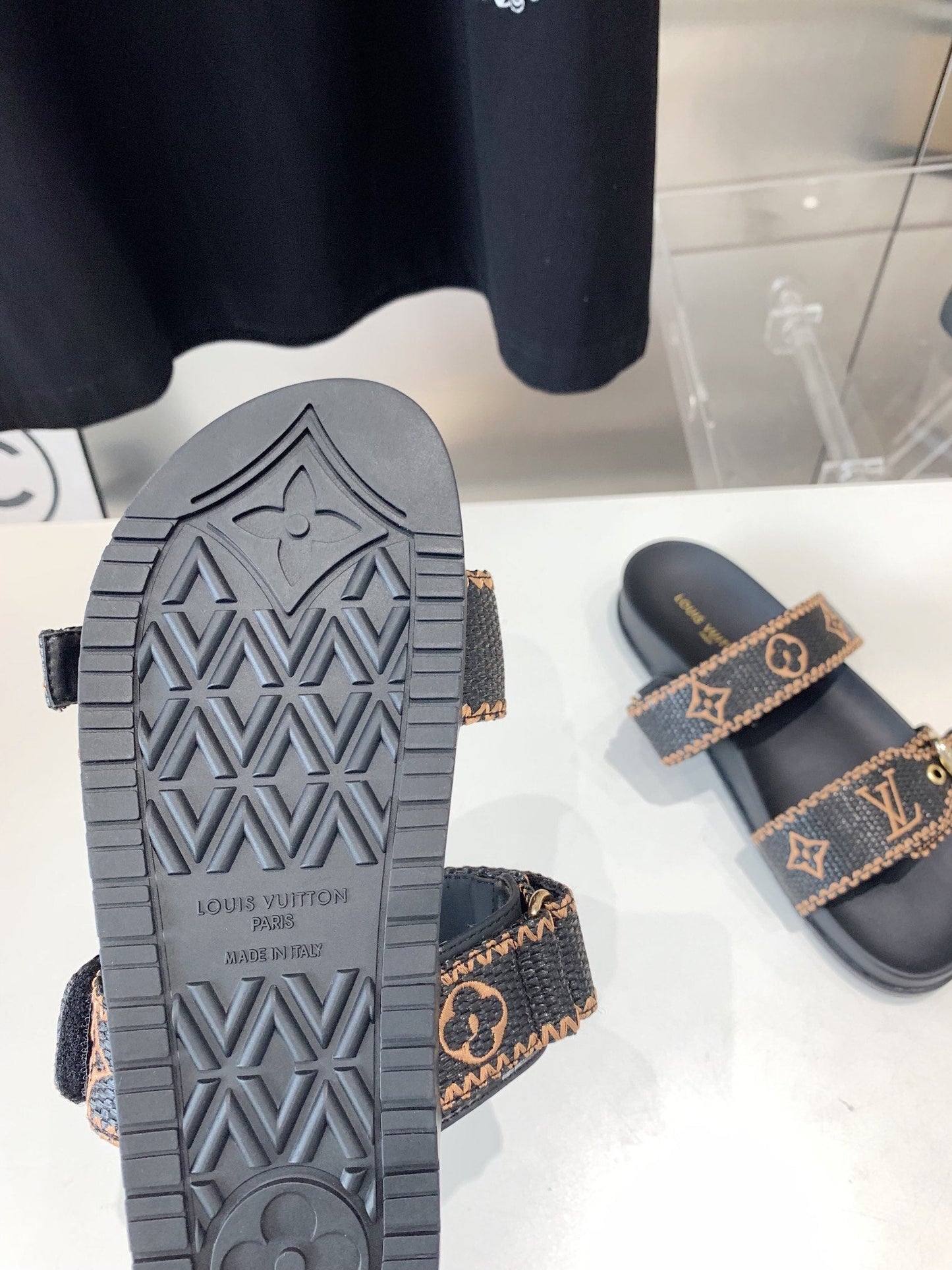 LOUIS VUITTON LV WOMEN SUNSET DAD SANDAL IN BLACK MONOGRAM FABRIC MULE