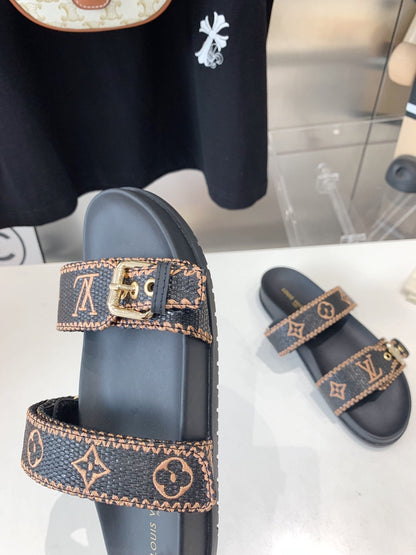 LOUIS VUITTON LV WOMEN SUNSET DAD SANDAL IN BLACK MONOGRAM FABRIC MULE