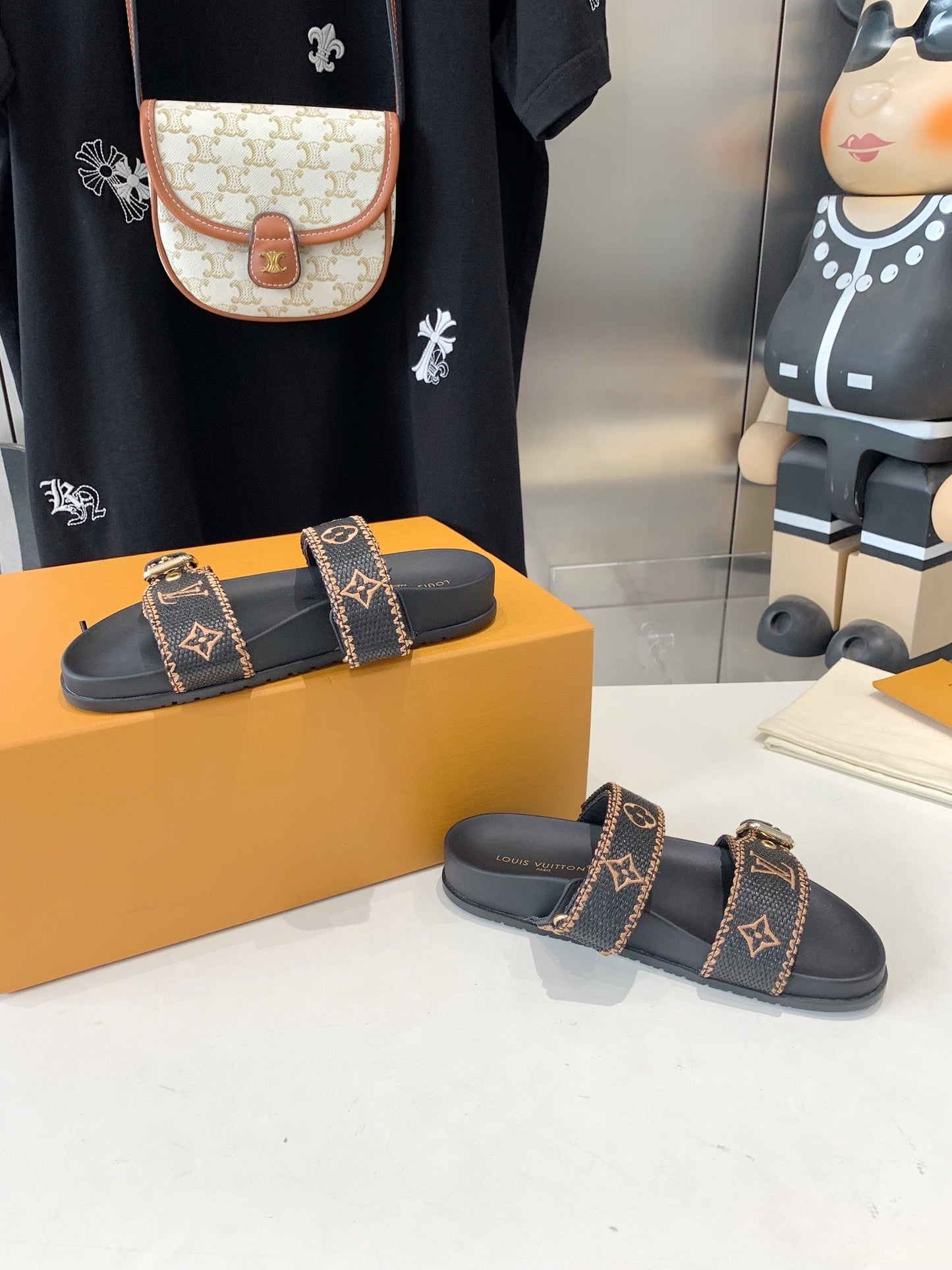 LOUIS VUITTON LV WOMEN SUNSET DAD SANDAL IN BLACK MONOGRAM FABRIC MULE