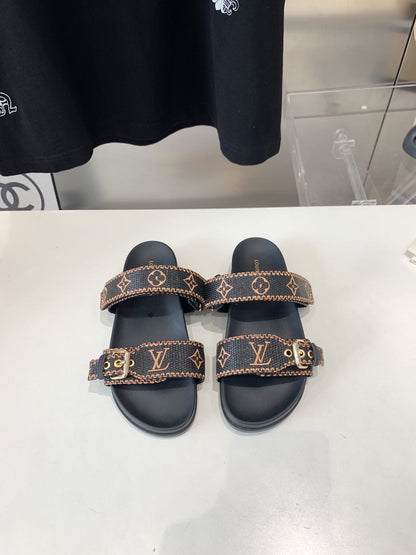 LOUIS VUITTON LV WOMEN SUNSET DAD SANDAL IN BLACK MONOGRAM FABRIC MULE