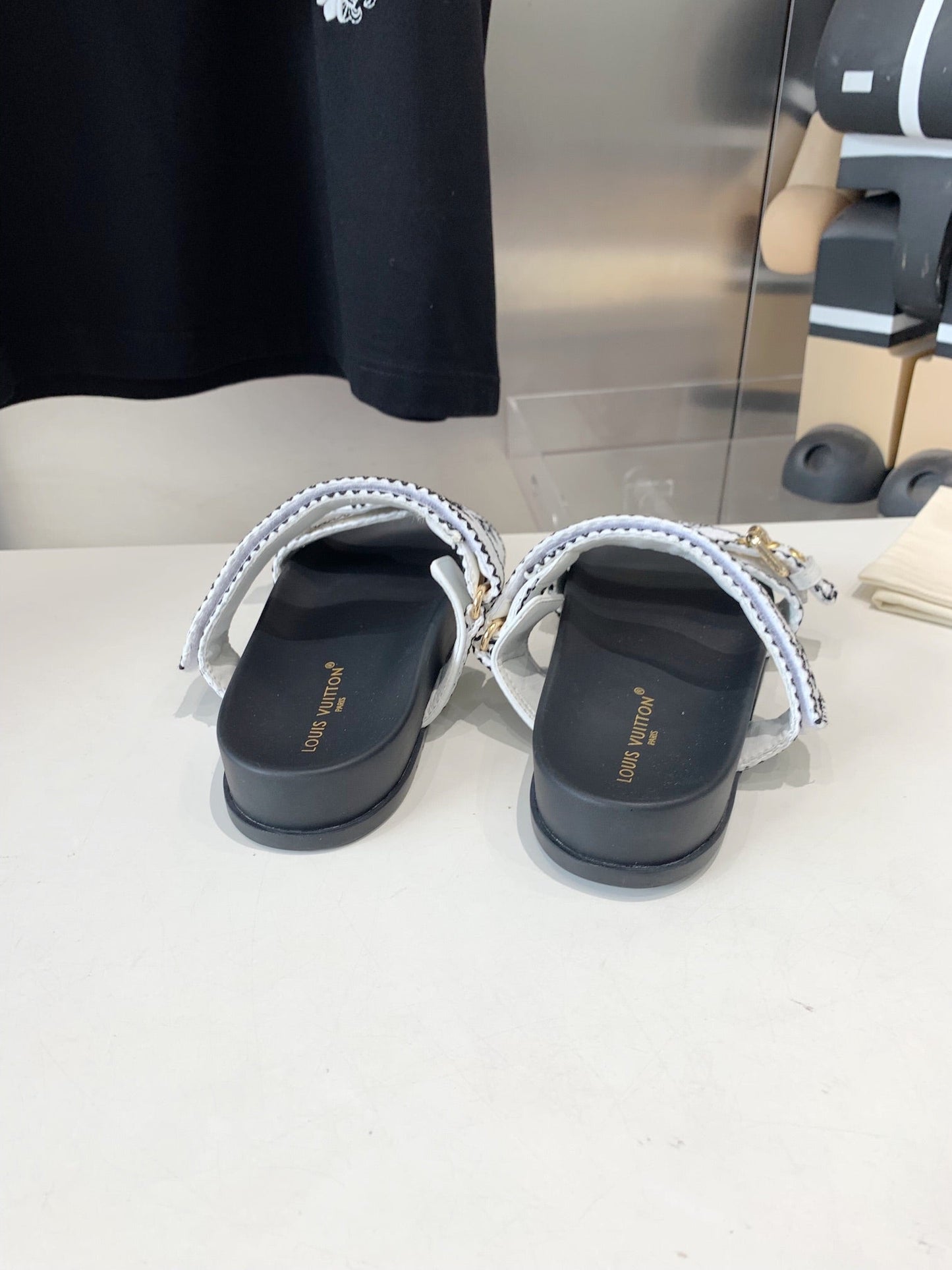 LOUIS VUITTON LV WOMEN SUNSET DAD SANDAL IN WHITE MIX BLACK MONOGRAM FABRIC MULE
