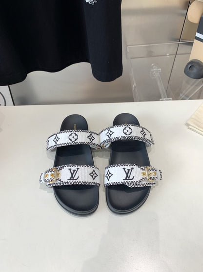 LOUIS VUITTON LV WOMEN SUNSET DAD SANDAL IN WHITE MIX BLACK MONOGRAM FABRIC MULE