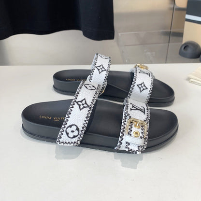 LOUIS VUITTON LV WOMEN SUNSET DAD SANDAL IN WHITE MIX BLACK MONOGRAM FABRIC MULE