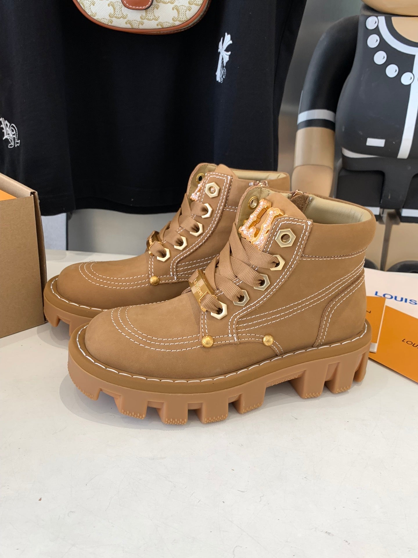 LOUIS VUITTON LV CHECKER ANKLE BOOT IN COPPER BROWN SUEDE