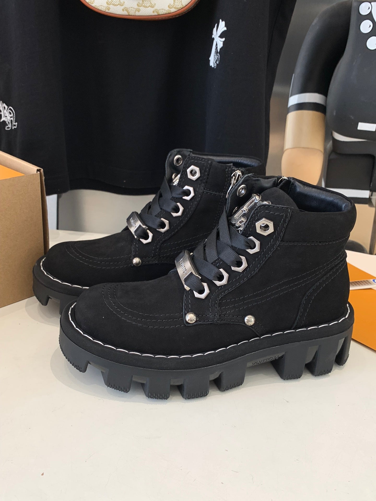 LOUIS VUITTON LV CHECKER ANKLE BOOT IN BLACK SUEDE