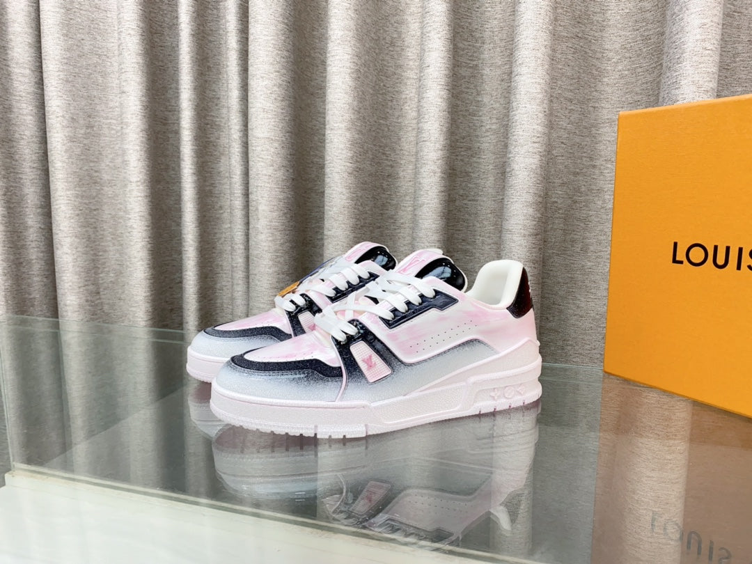 LOUIS VUITTON LV TRAINER SNEAKERS IN LIGHT PINK OMBRE MIX COLORFUL CALFSKIN