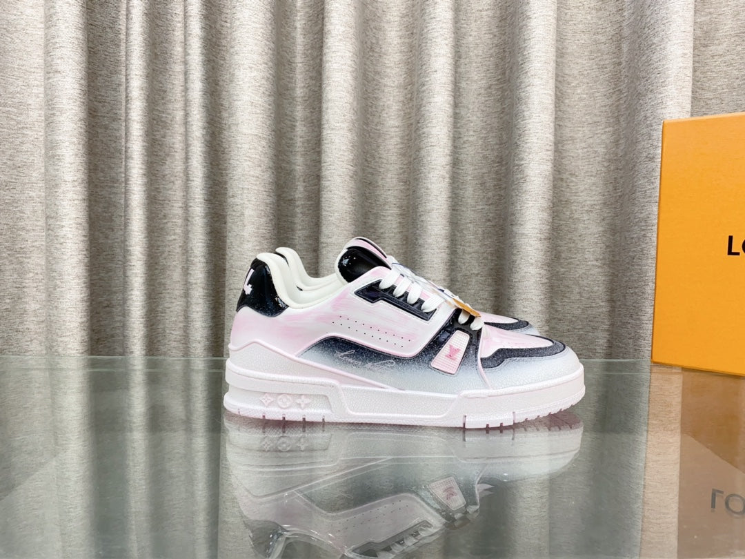 LOUIS VUITTON LV TRAINER SNEAKERS IN LIGHT PINK OMBRE MIX COLORFUL CALFSKIN