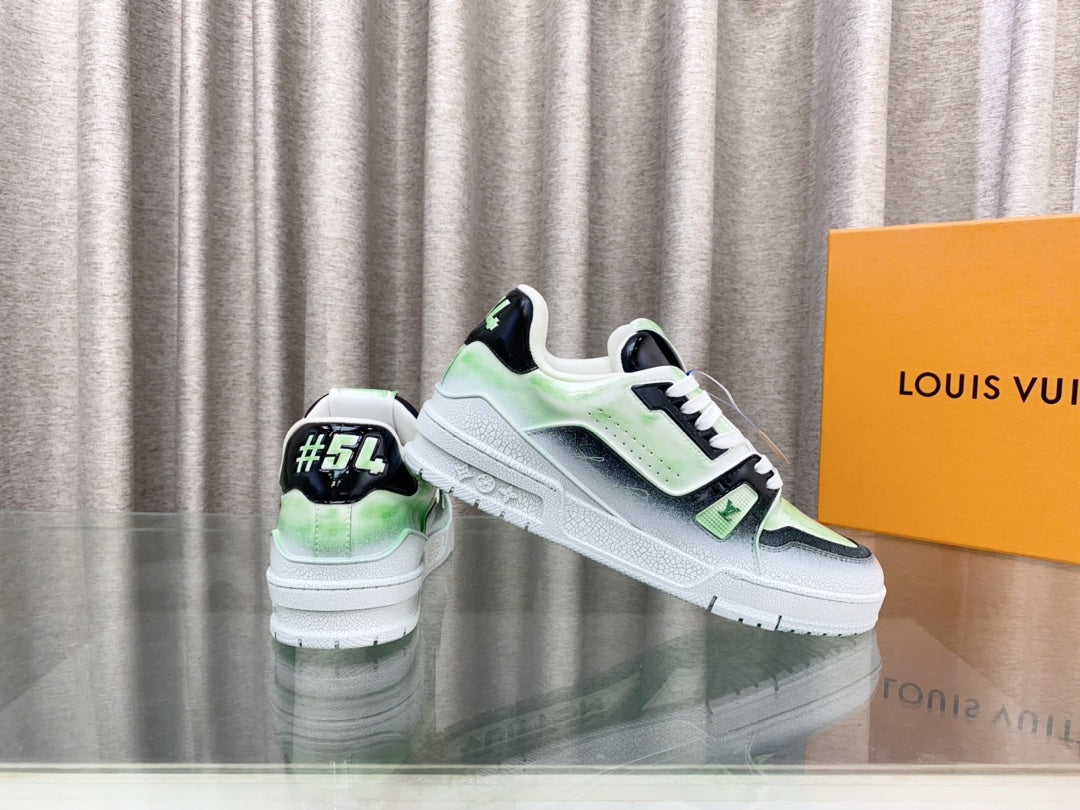 LOUIS VUITTON LV TRAINER SNEAKERS IN LIGHT GREEN OMBRE MIX COLORFUL CALFSKIN