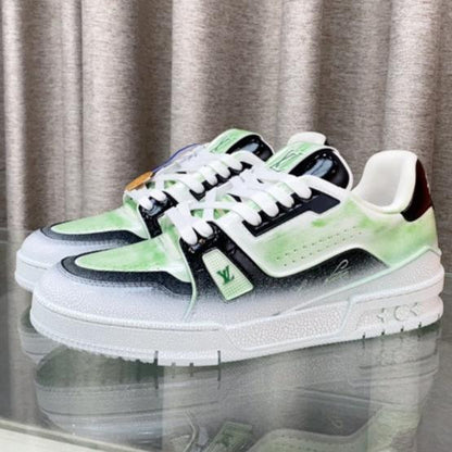 LOUIS VUITTON LV TRAINER SNEAKERS IN LIGHT GREEN OMBRE MIX COLORFUL CALFSKIN