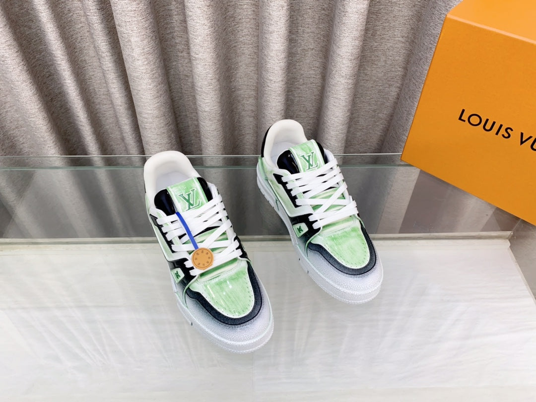 LOUIS VUITTON LV TRAINER SNEAKERS IN LIGHT GREEN OMBRE MIX COLORFUL CALFSKIN