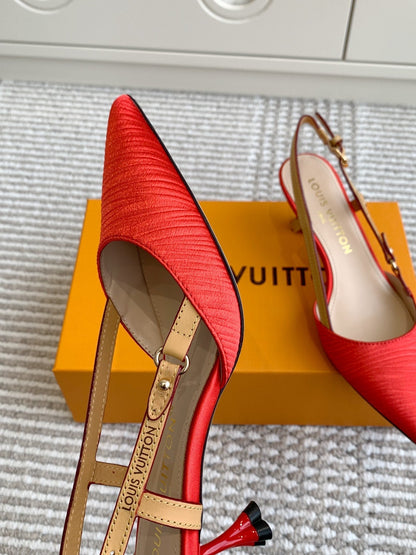 LOUIS VUITTON BLOSSOM SLINGBACKS 55 MM IN CHERRY RED IMPORTED STRIPED SILK SATIN