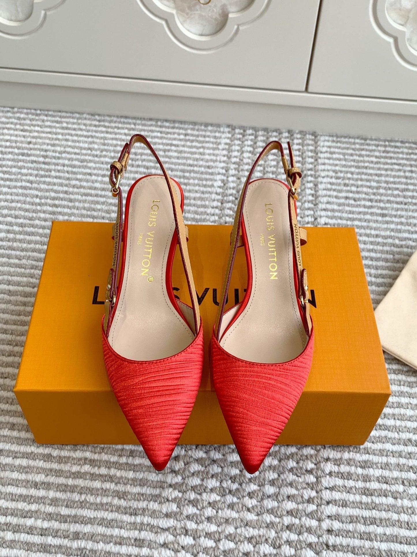 LOUIS VUITTON BLOSSOM SLINGBACKS 55 MM IN CHERRY RED IMPORTED STRIPED SILK SATIN
