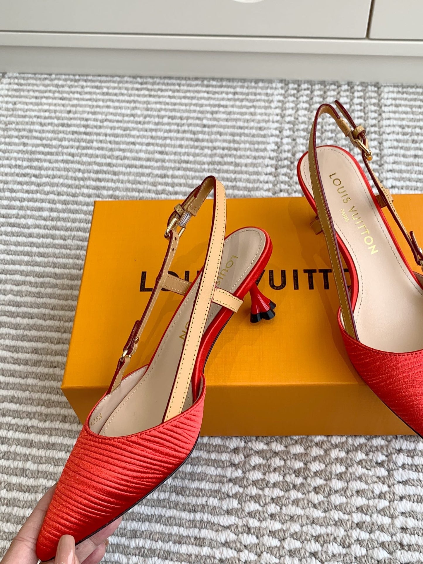 LOUIS VUITTON BLOSSOM SLINGBACKS 55 MM IN CHERRY RED IMPORTED STRIPED SILK SATIN