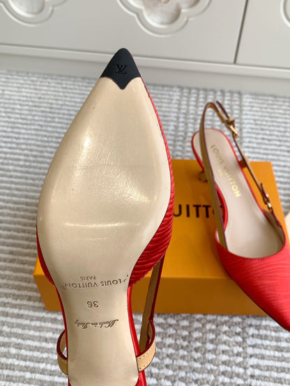 LOUIS VUITTON BLOSSOM SLINGBACKS 55 MM IN CHERRY RED IMPORTED STRIPED SILK SATIN